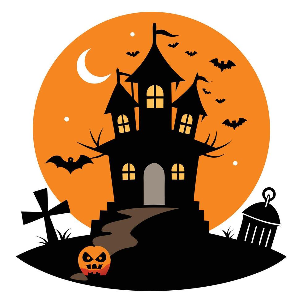 Spooky Halloween Haunted House Silhouette with Bats, Moon, and Jack O'Lantern Design vector