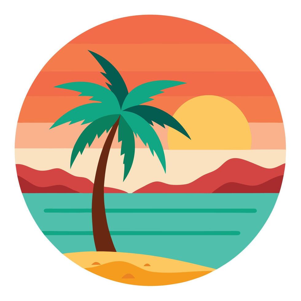 Tropical Beach Sunset Illustration with Palm Tree, Ocean View, and Warm Colors vector