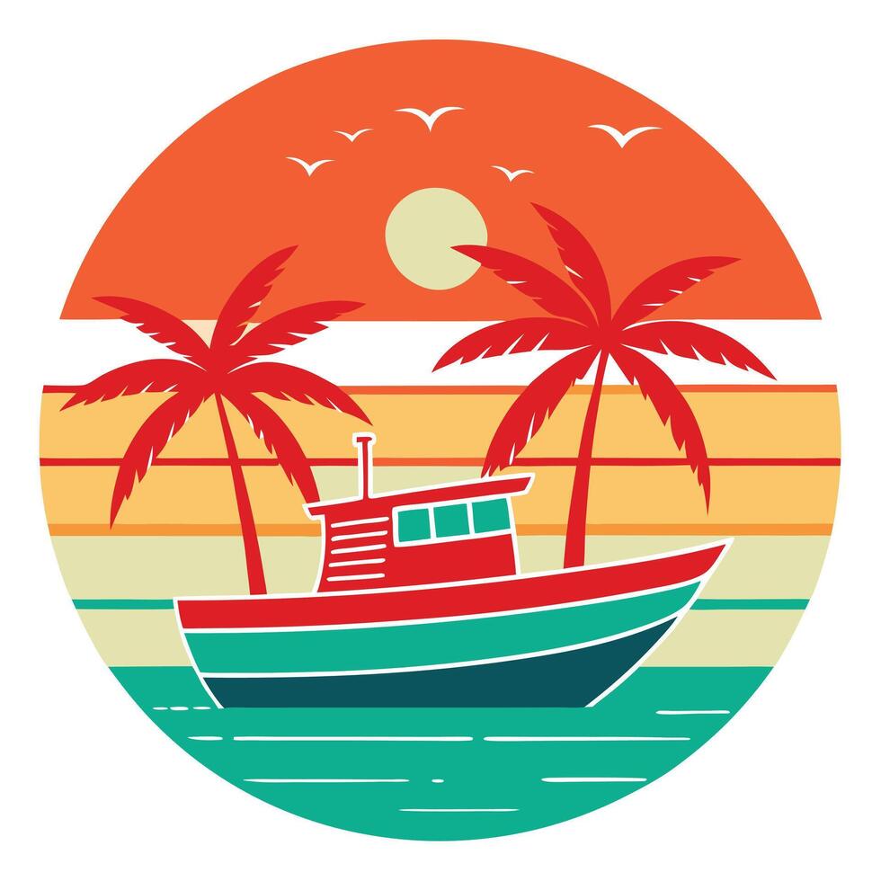 Retro Tropical Island Sunset with Boat, Palm Trees, and Seagulls Design vector