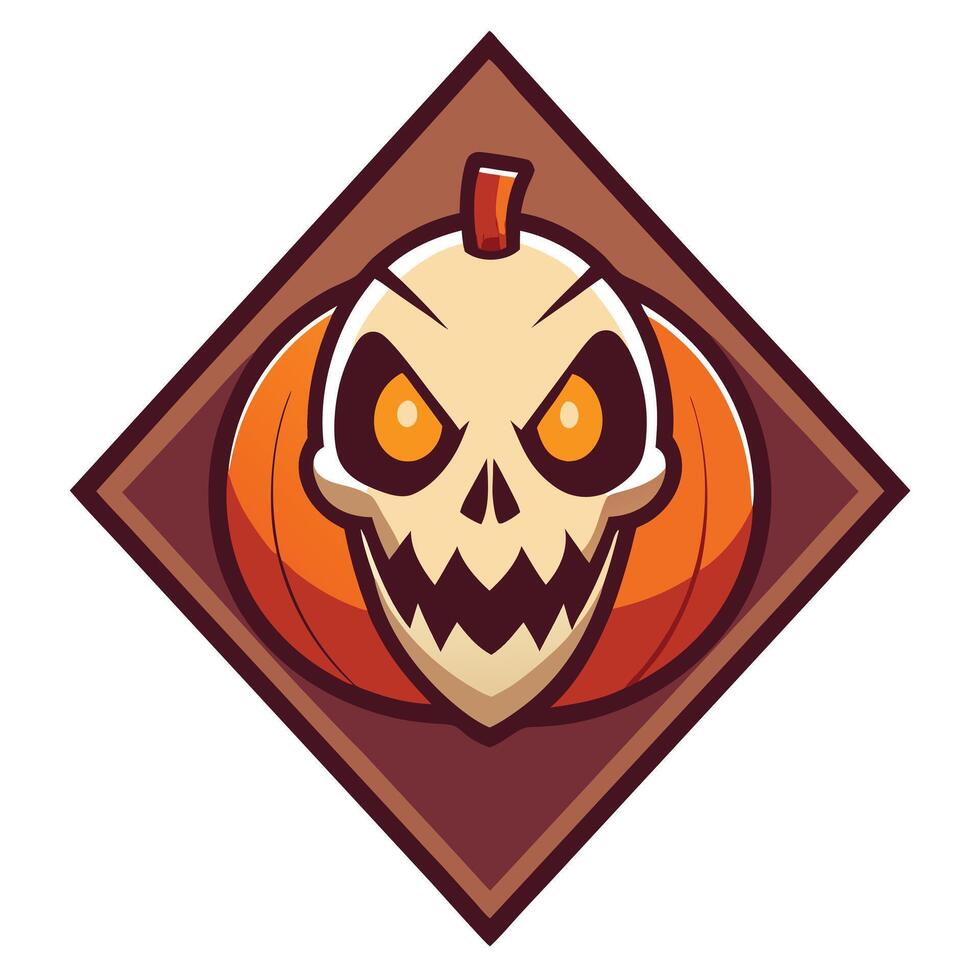 Halloween Pumpkin Skull Badge with Angular Frame, Spooky Icon for Holiday Celebration vector