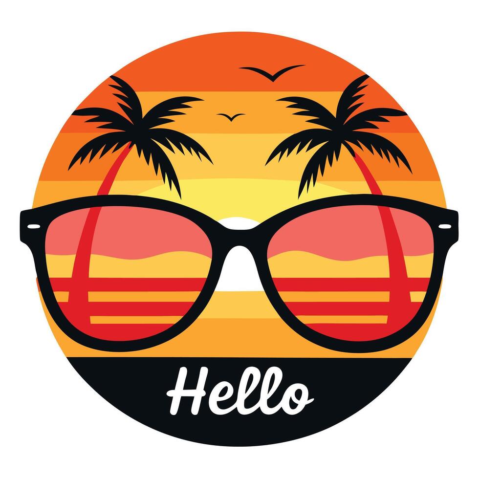 Retro Sunglasses Reflecting Tropical Sunset with Palm Trees and Hello for Summer vector