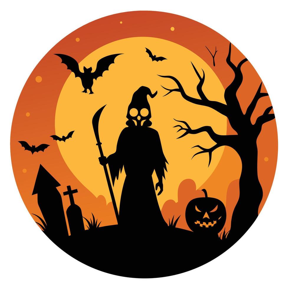 Spooky Halloween Silhouette Illustration Grim Reaper, Bats, Gravestones, Moon, and Jacko'lantern vector