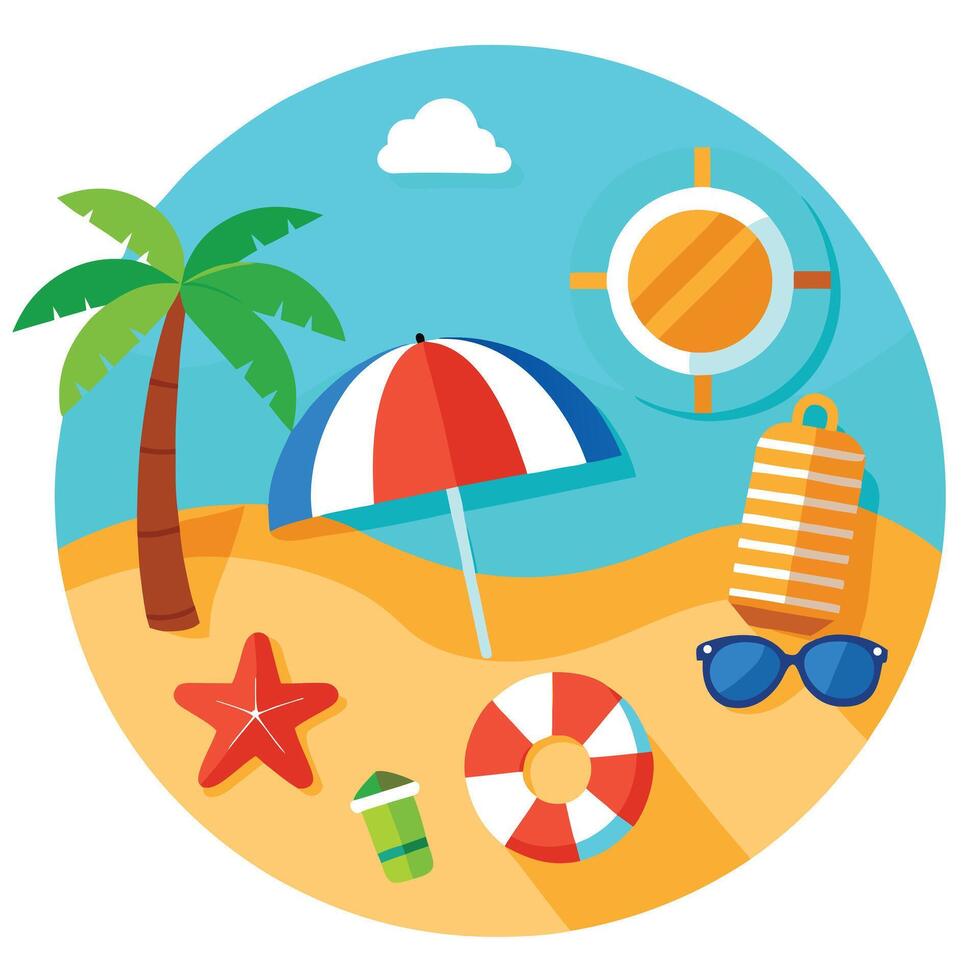 Summer Beach with Palm Tree, Umbrella, Starfish, Float, and Sunglasses Illustration vector