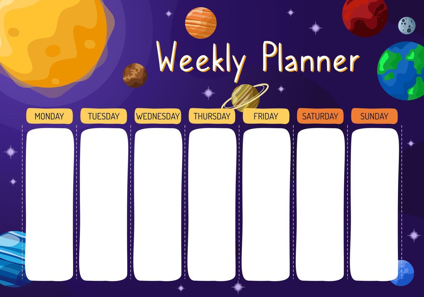 A school timetable template with cartoon planets, stars and the sun. A weekly planner with a cosmic background for subjects. vector