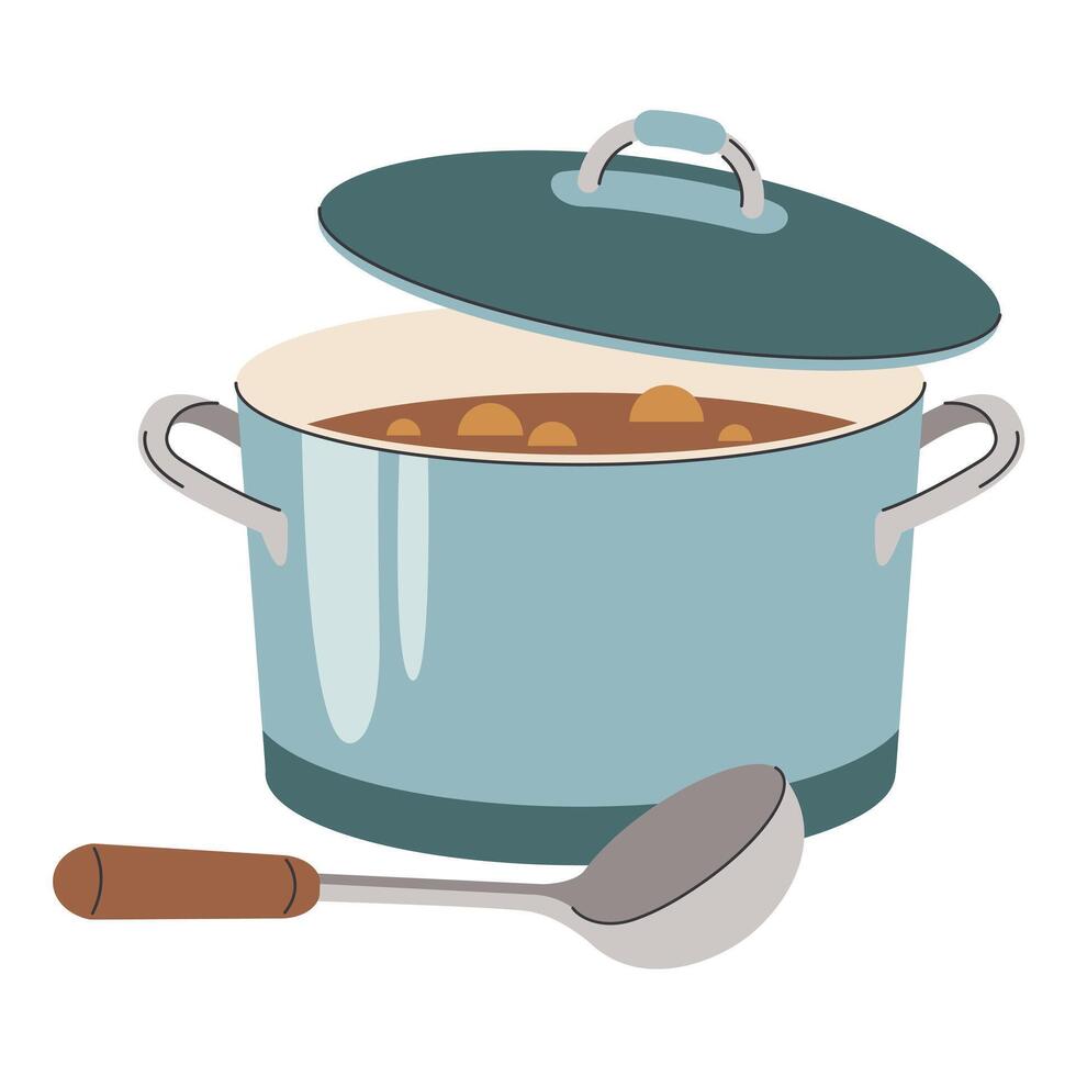 A saucepan with a lid for steaming water and a head rest. Cooking soup or pasta, mascot of the cooking process, illustration of cartoon kitchen utensils vector