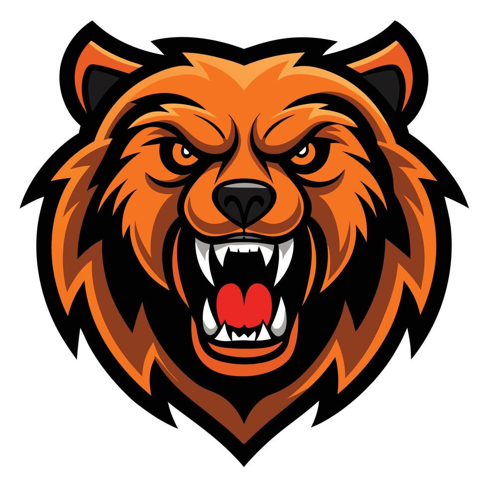 Fierce Orange Bear Head Cartoon with Sharp Teeth and Angry Expression vector