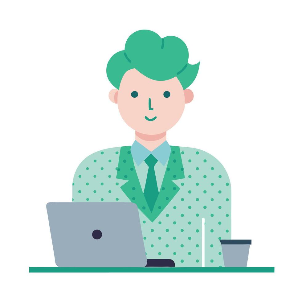 Cartoon Man in Polka Dot Suit Working on Laptop with Drink vector