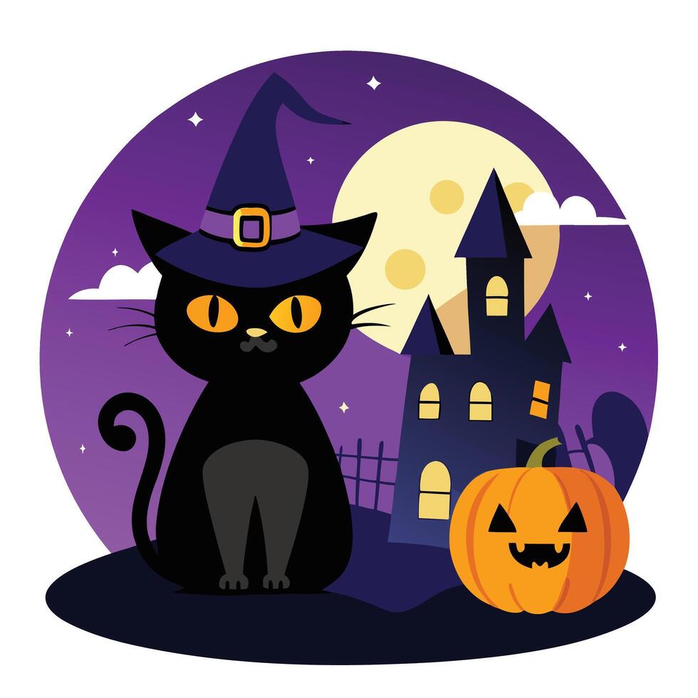 Cartoon Halloween Black Cat, Witch Hat, Spooky House, and Pumpkin Design vector