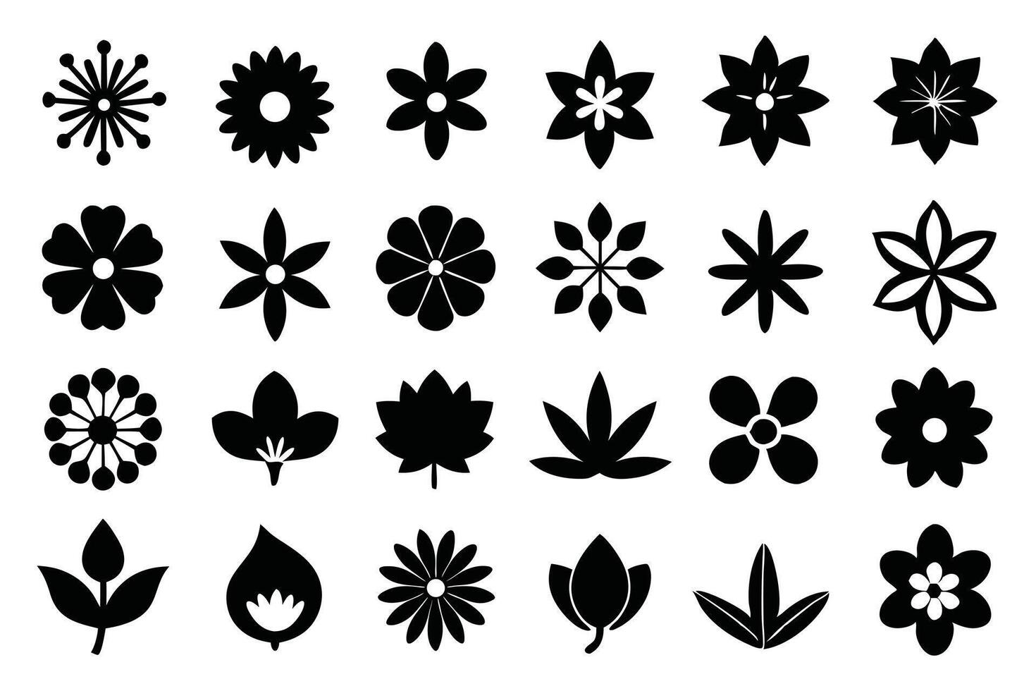 Various Stylized Black Flower and Leaf Silhouettes on a White Background, Great for Design Elements vector