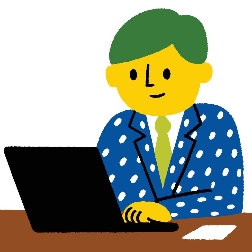 Cartoon Man in Polka Dot Suit Working on Laptop at Desk vector