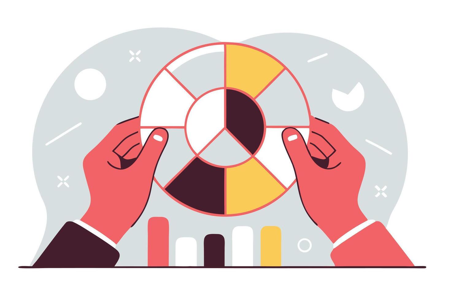 Hands Holding Donut Chart Analysis Illustrative Visualization with Bar Graph Below for Presentation vector