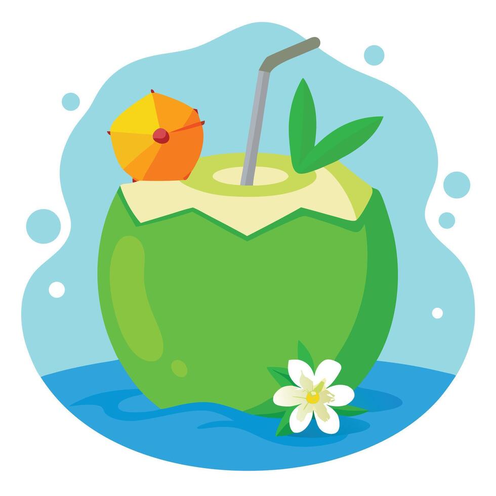 Cartoon Coconut Drink with Straw, Umbrella, and Flower, on Abstract Blue Background vector