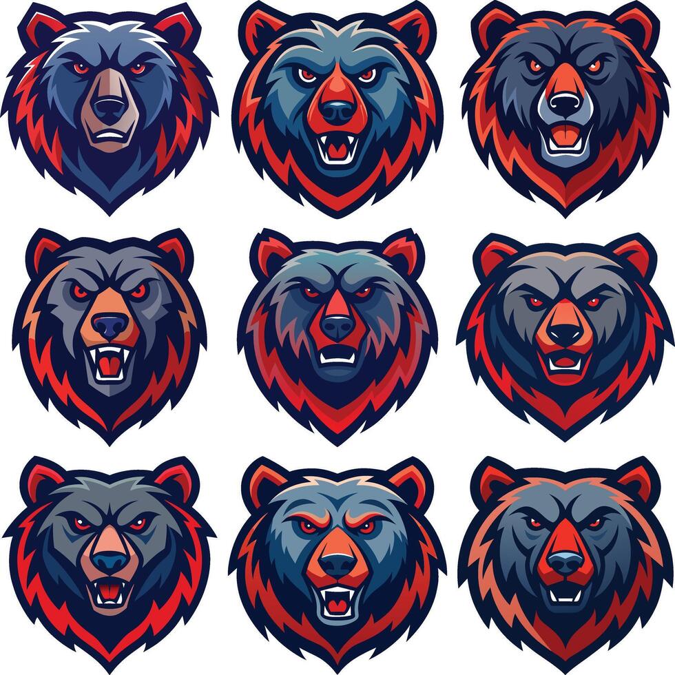 Collection of Fierce Bear Mascot Head Designs with Strong Blue and Red Accents vector