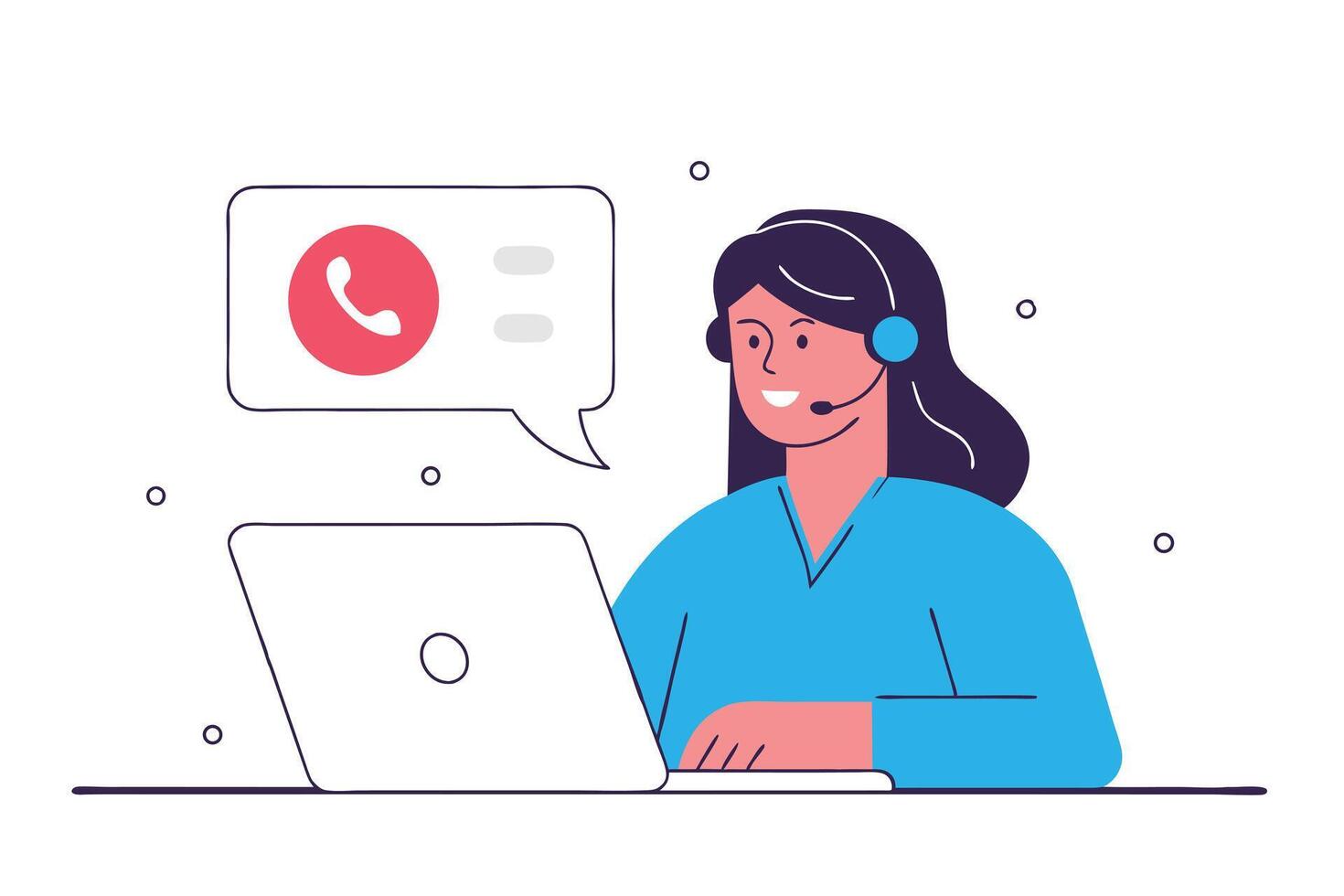 Cartoon Customer Service Representative on Laptop with Phone Icon Message Bubble Illustration vector