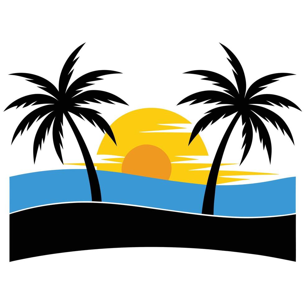 Tropical beach sunset with palm trees silhouette over ocean waves and dark sand vector