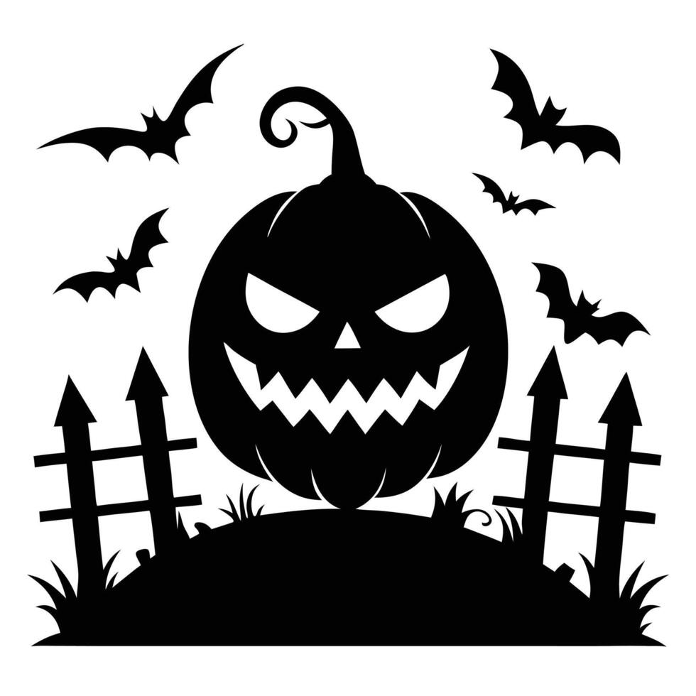 Spooky Silhouette Halloween Pumpkin with Bats and Fence on White Background for Seasonal Design vector