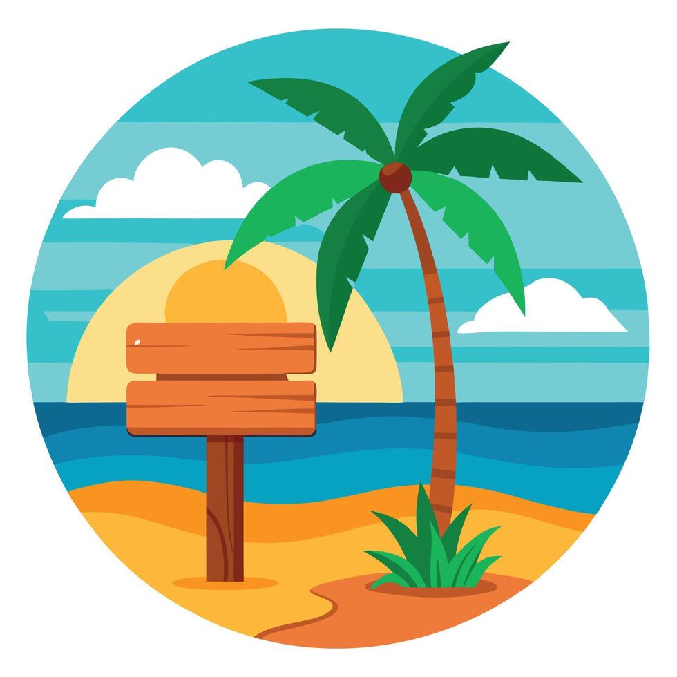 Flat Beach with Palm Tree, Wooden Sign, Ocean, Sky and Clouds Illustration vector