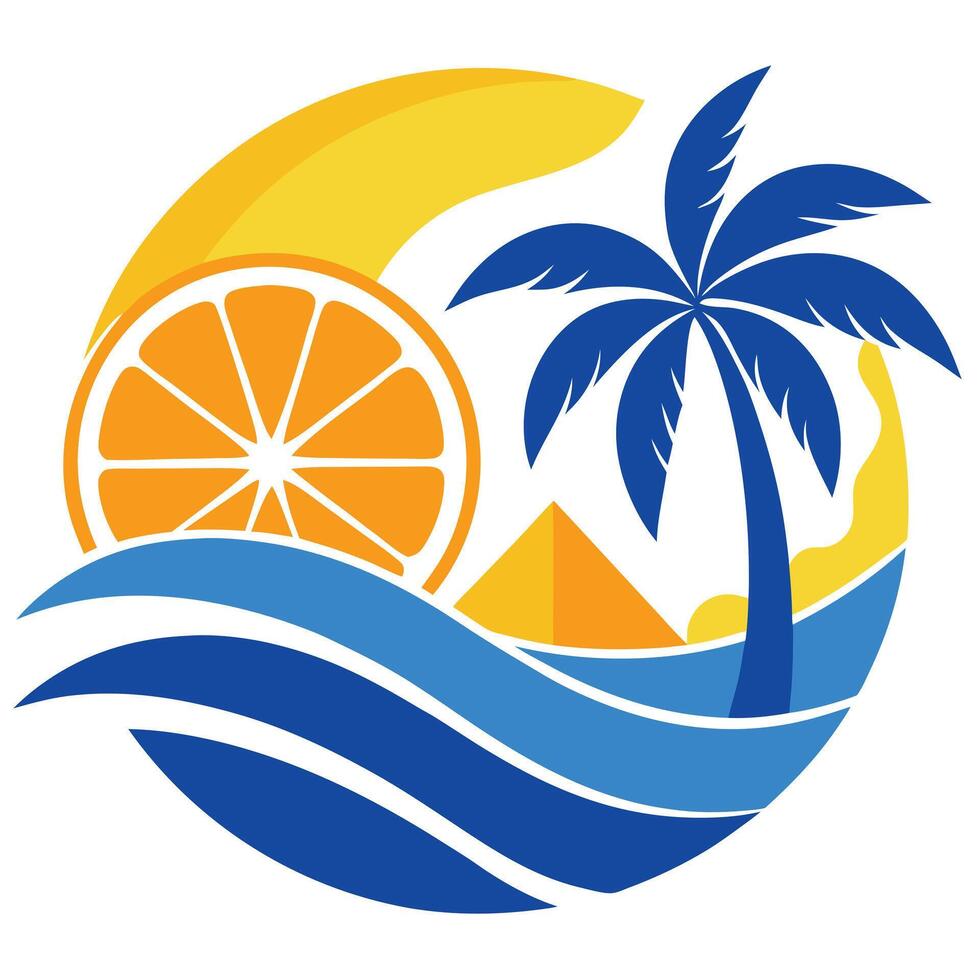 Abstract Circular Vacation Design Orange, Palm Tree, Pyramid, and Ocean Waves Logo vector
