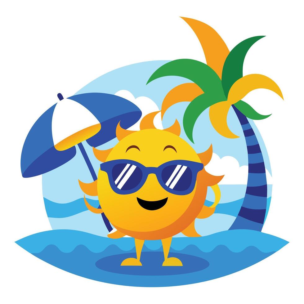 Cheerful Cartoon Sun Character Wearing Sunglasses Standing Near a Palm Tree on the Beach vector