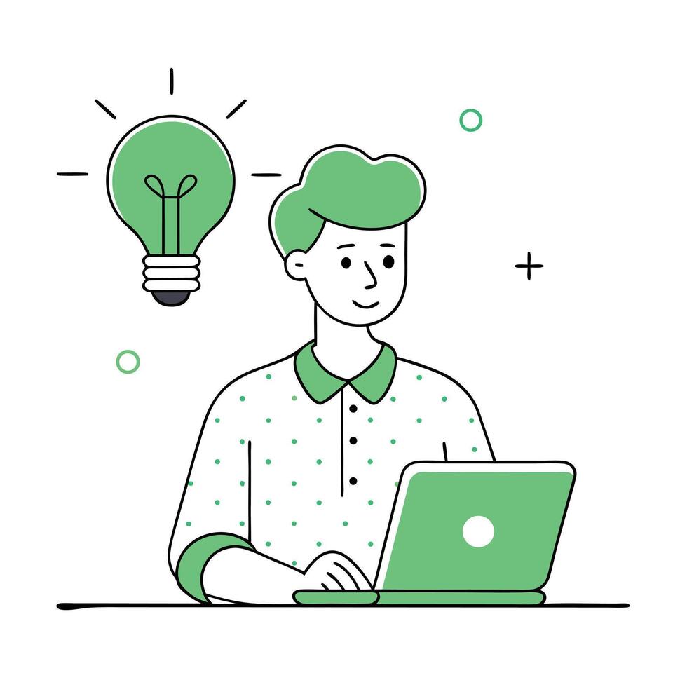 Creative Man Working on Laptop with Idea Bulb and Green Accents vector