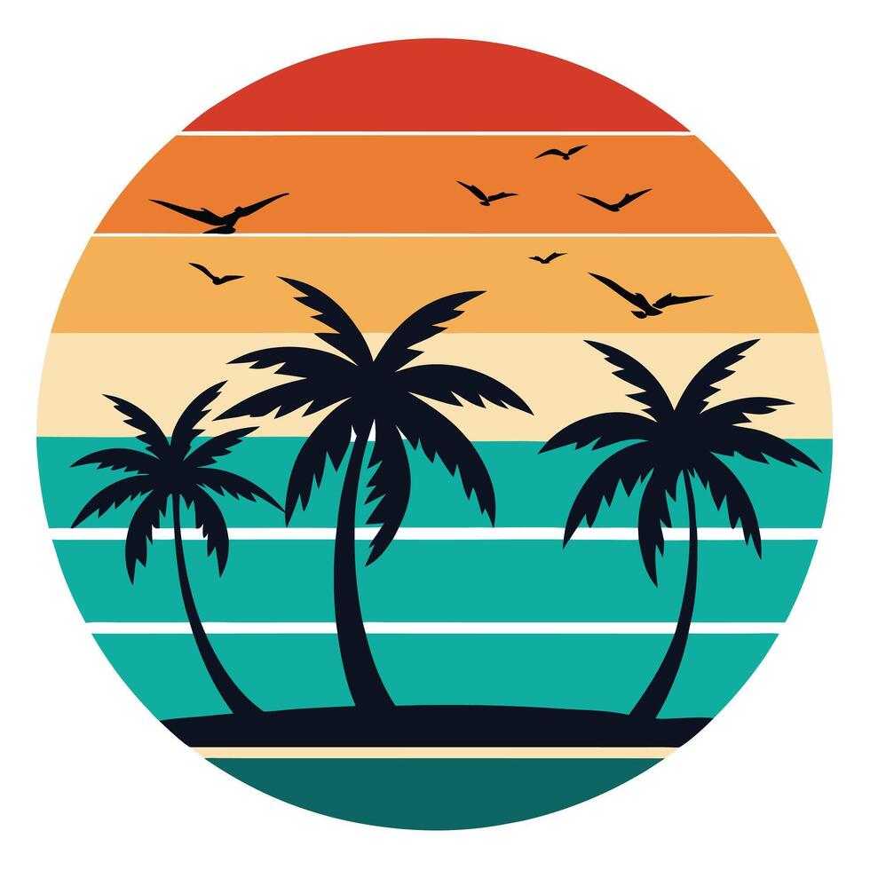 Retro Palm Tree Beach Sunset Circle with Flying Birds Silhouettes vector