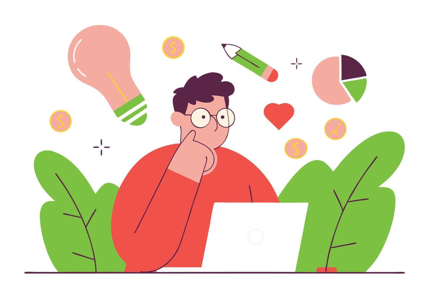 Creative Man with Laptop Surrounded by Icons Ideas, Finance, and Design Elements vector