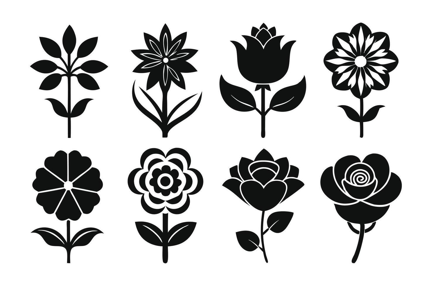 Assorted Flower Illustration Set Featuring Silhouette Blossom Designs, Floral Icons, and Botanical Elements vector