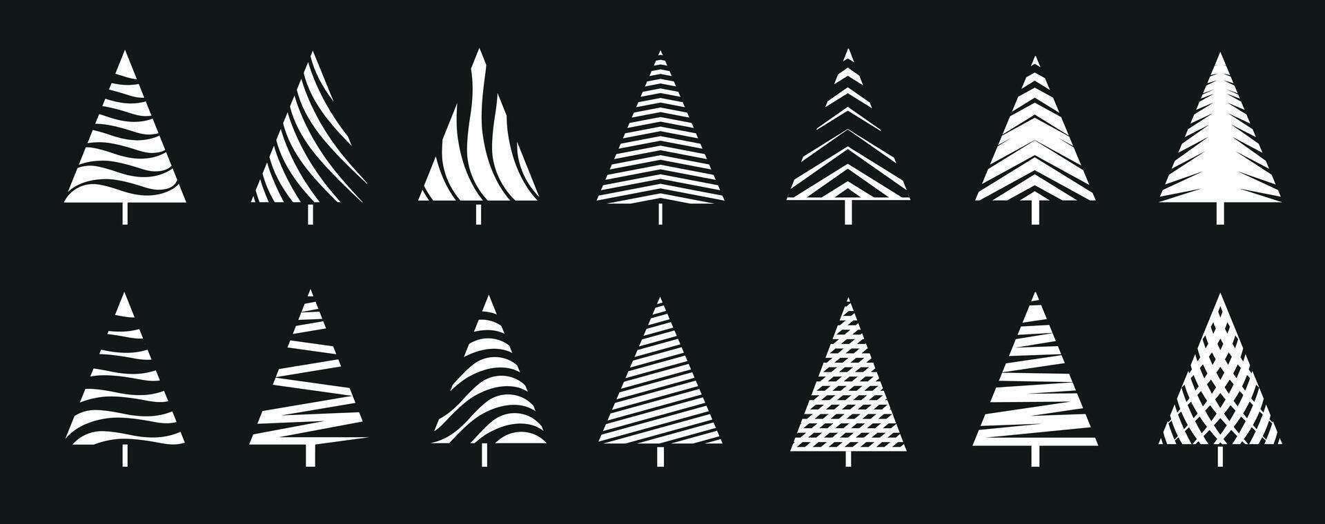 Set of White Christmas Tree on black background. vector