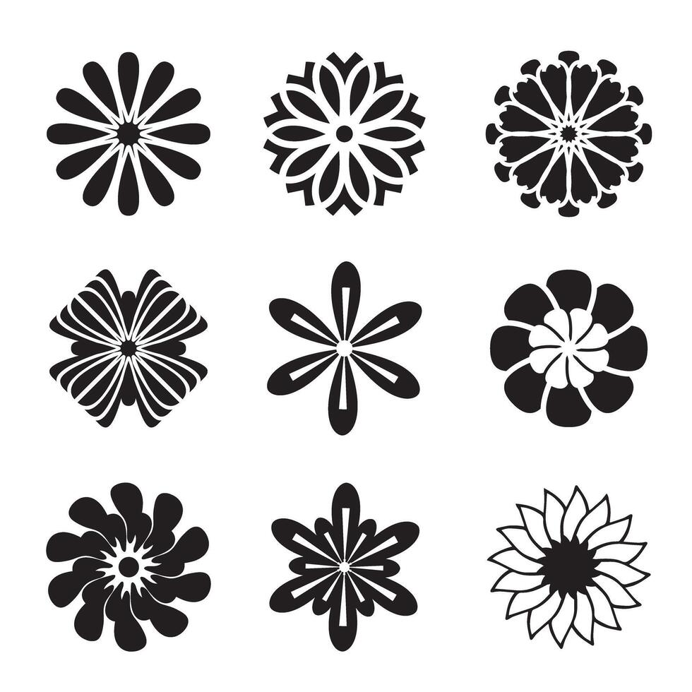 Set black outline flower icon. vector
