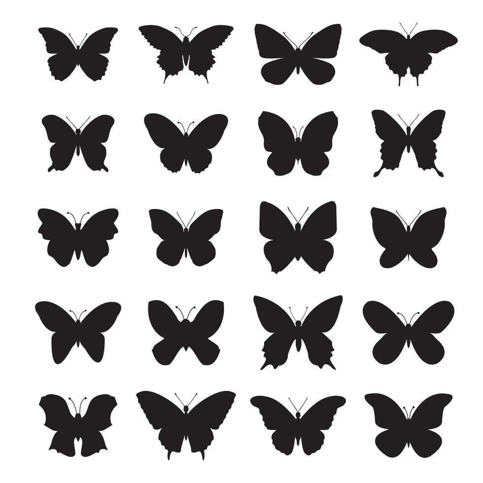 Set black outline butterfly icon vector