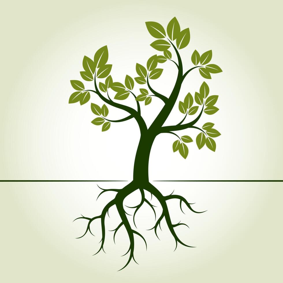Green Tree and Roots. Outline EPS Illustration. vector