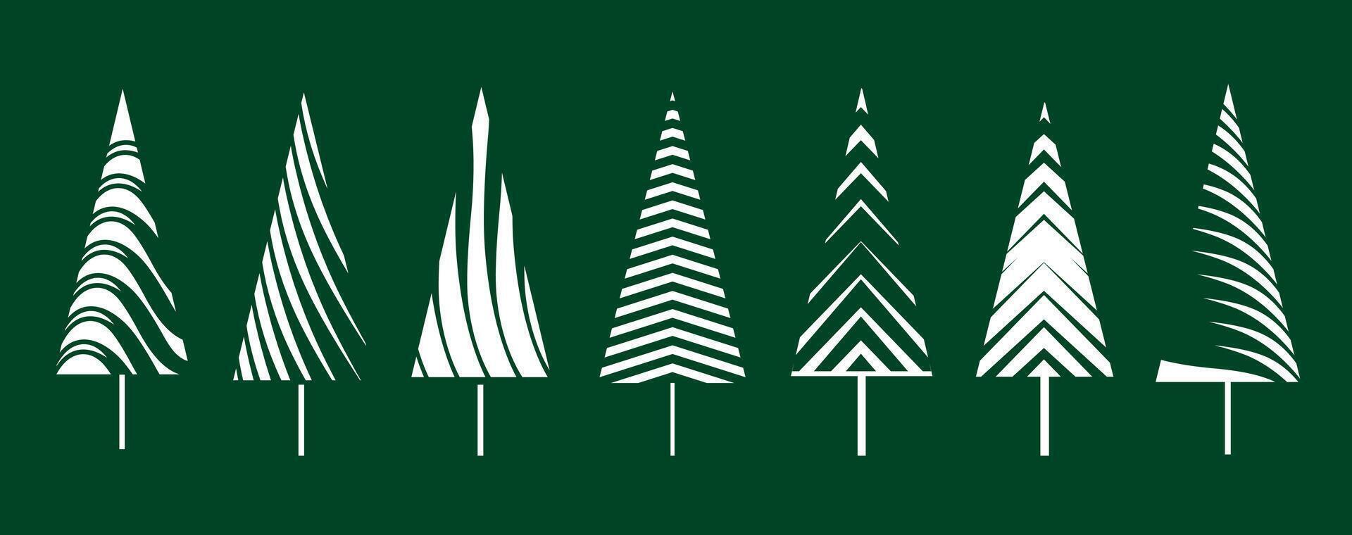 Set of White Christmas Tree on green background. Illustration and Icons vector
