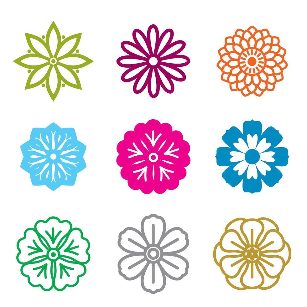 Set colour outline flower icon vector
