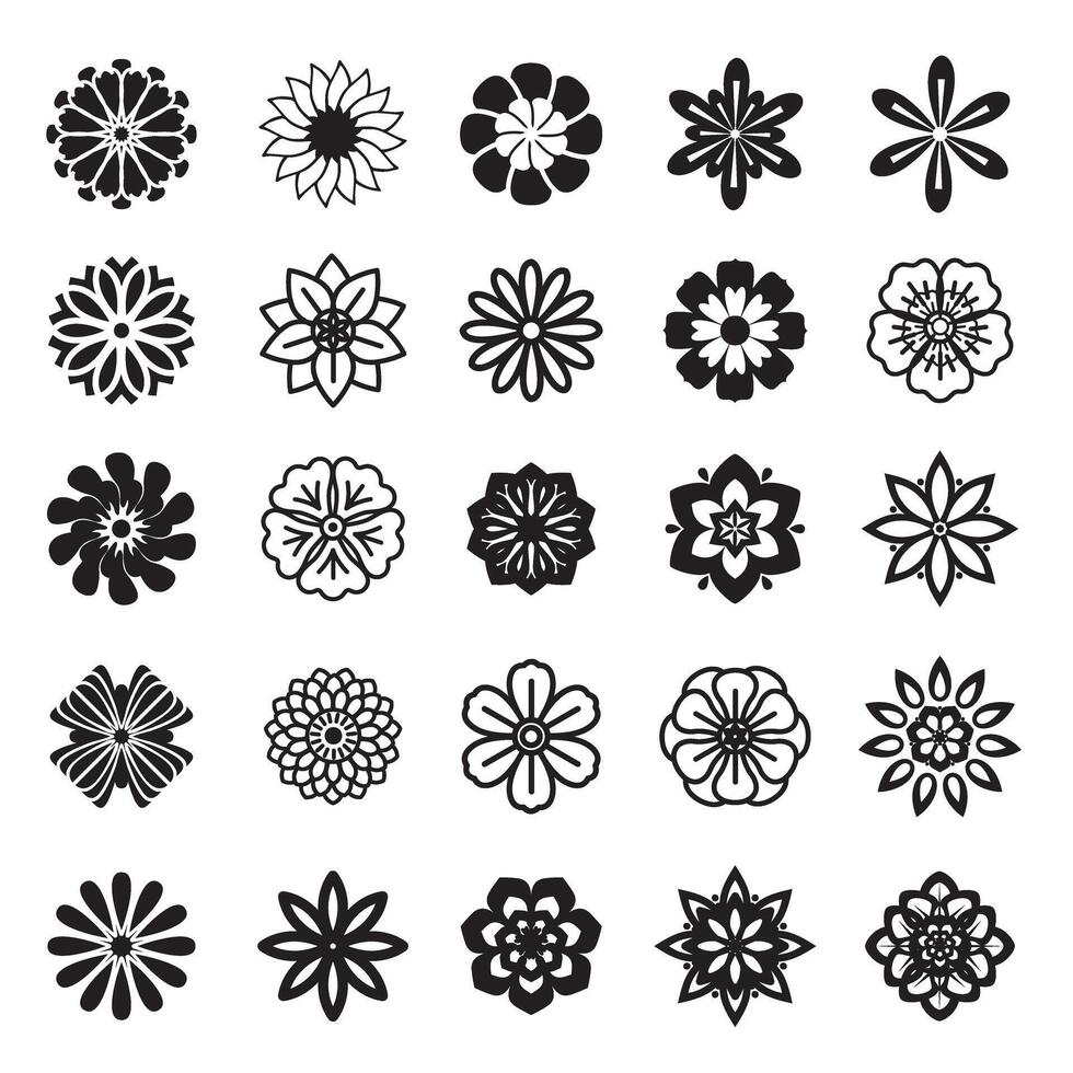 Set black outline flower icons. Outline EPS. vector
