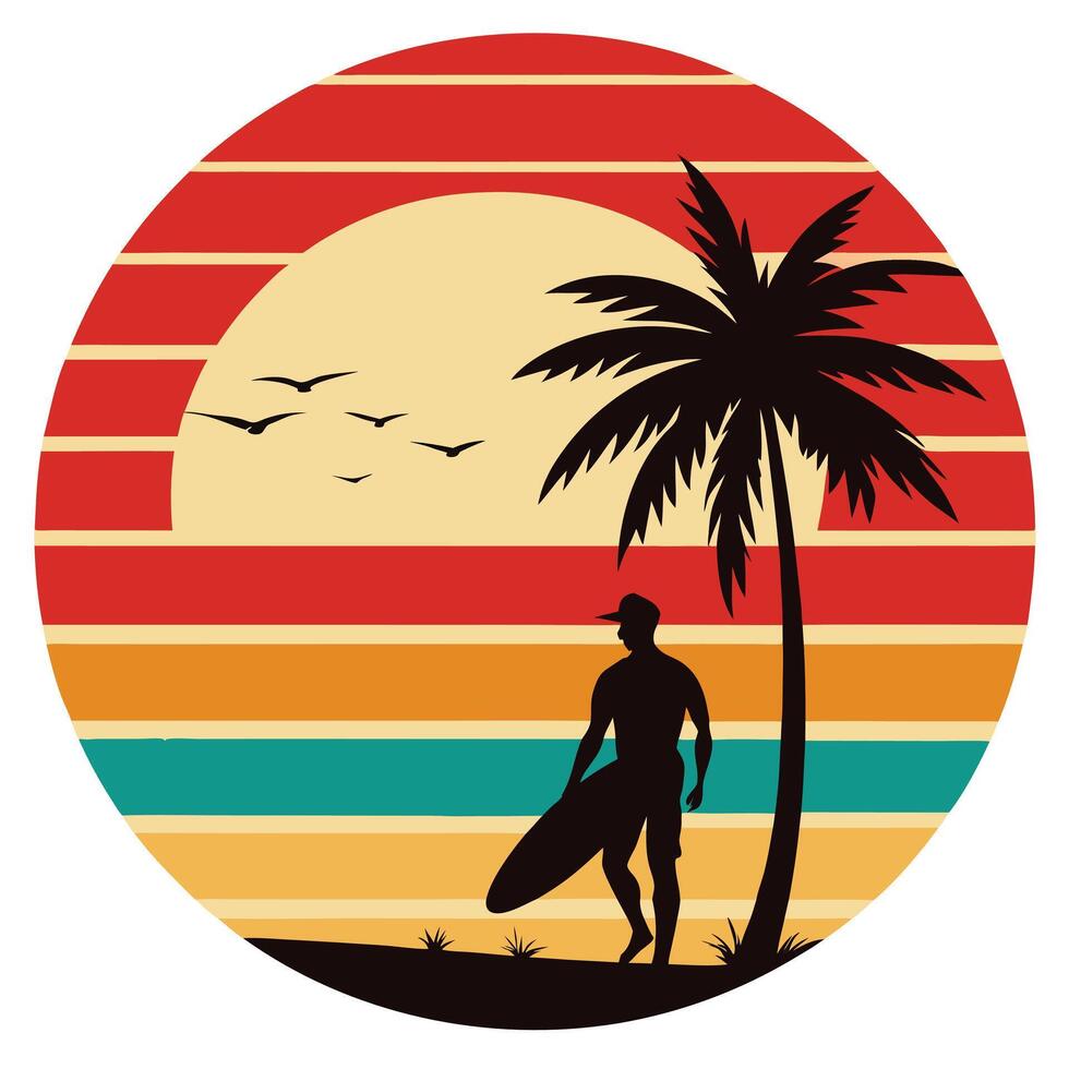 Retro Surfer Silhouette at Sunset Palm Tree with Striped Circle Background vector