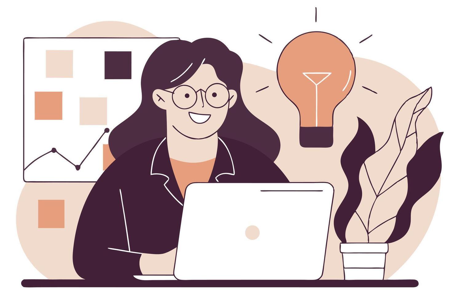 Cartoon Woman Working at Laptop with Data Chart, Lightbulb, and Plant vector