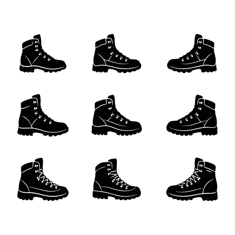 Black hiking boot icons isolated footwear clipart for camping and trekking themes vector