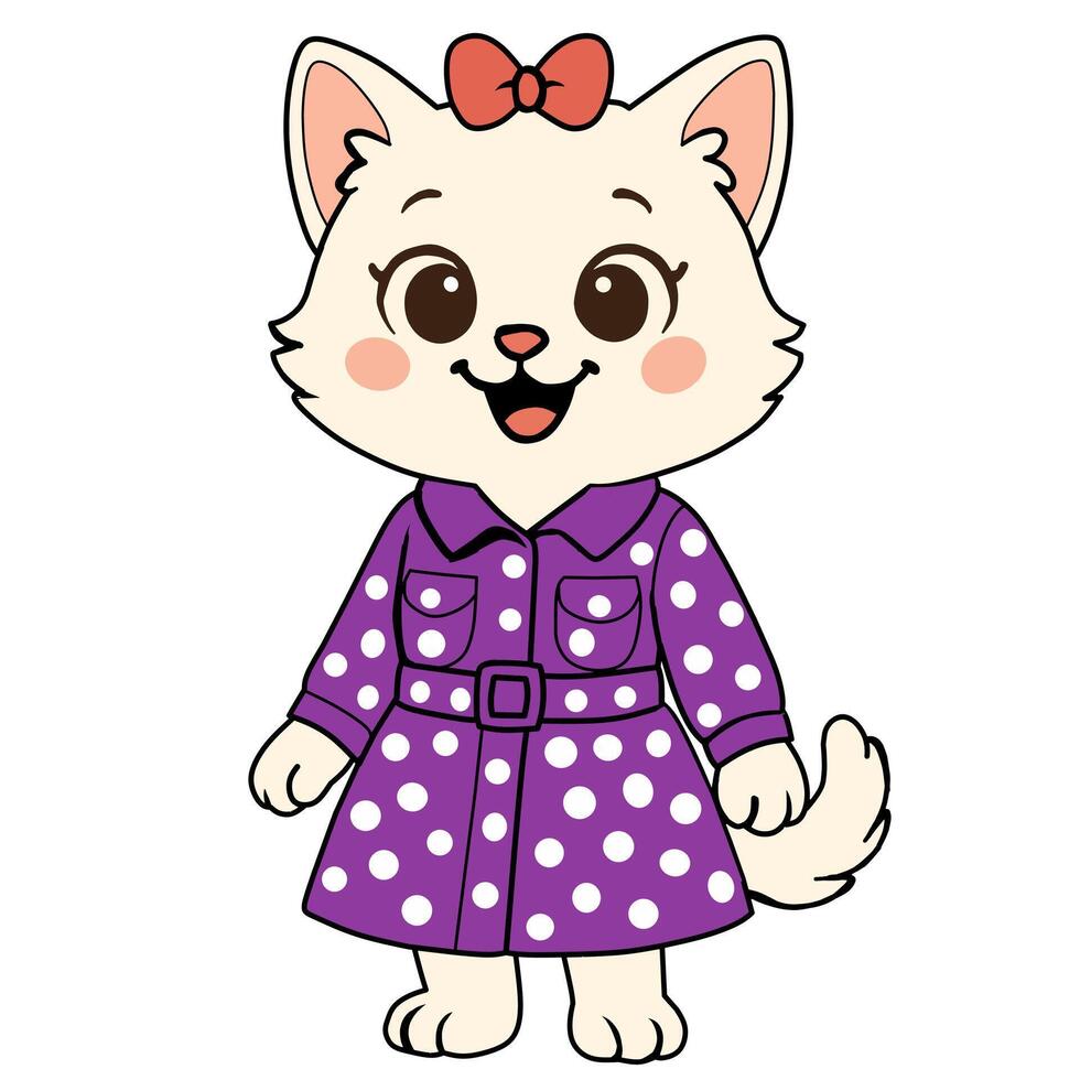 A charming illustration of Stella, a delightful cat with soft cream-colored fur. She is dressed in a lovely purple dress adorned with white polka dots, complemented by a matching belt. vector