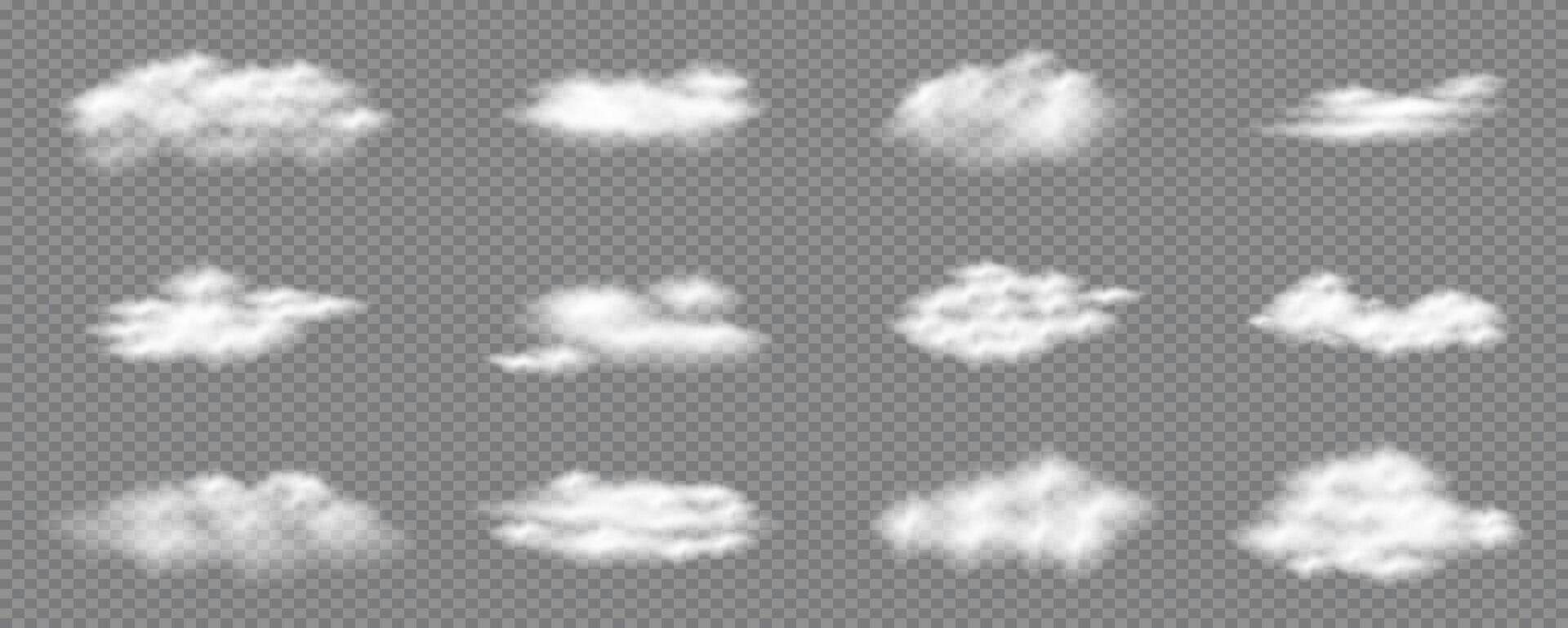 Cloudy Weather element set. Realistic white cloud or fire smoke in the sky. Smoky air shapes. 3D Soft fluffy summer shapes for poster banner card. vector