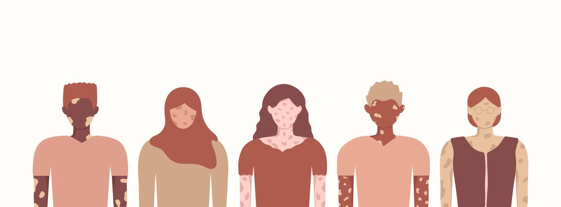 Diversity people with vitiligo and different nationality, genders human profile in faceless style. Banner template with copy space. Poster cover card info web greeting. Diversity religion and origin vector