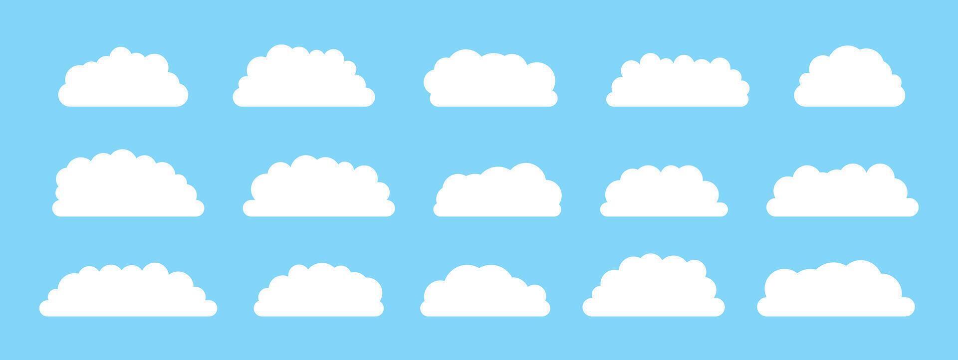 Cloud flat style set. Abstract white cloudy pack isolated on blue background. Text border. Weather element. Sky fluffy shapes vector