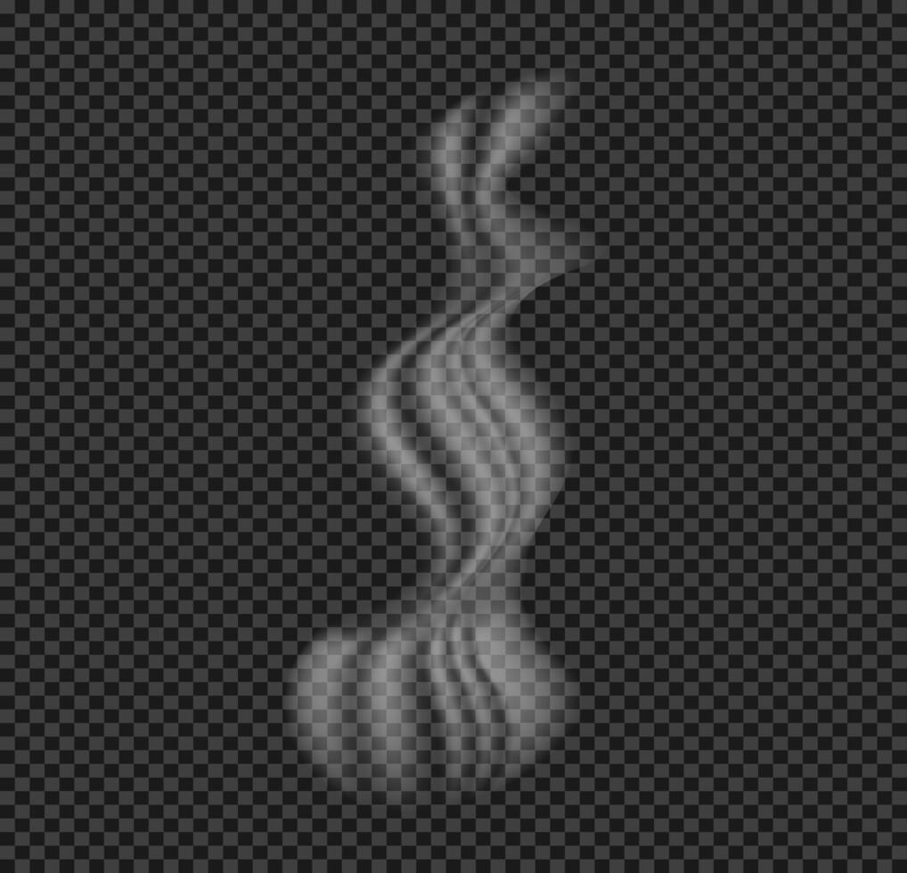 Wavy realistic Steam. White grey Hot smoke elements flowing on dark background. Mystical effect abstract shape. Cigarette, hot food, drink, coffee vapor. Hookah cloud overlays 3d vector