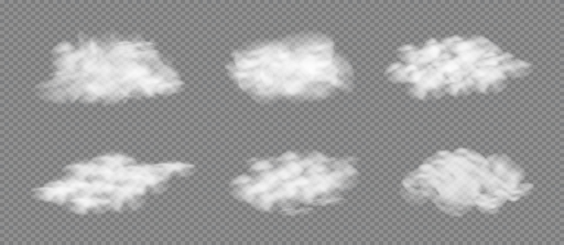 Realistic 3D White fluffy Cloud set. Soft cloudy smoky fog. Grey Steam. vector