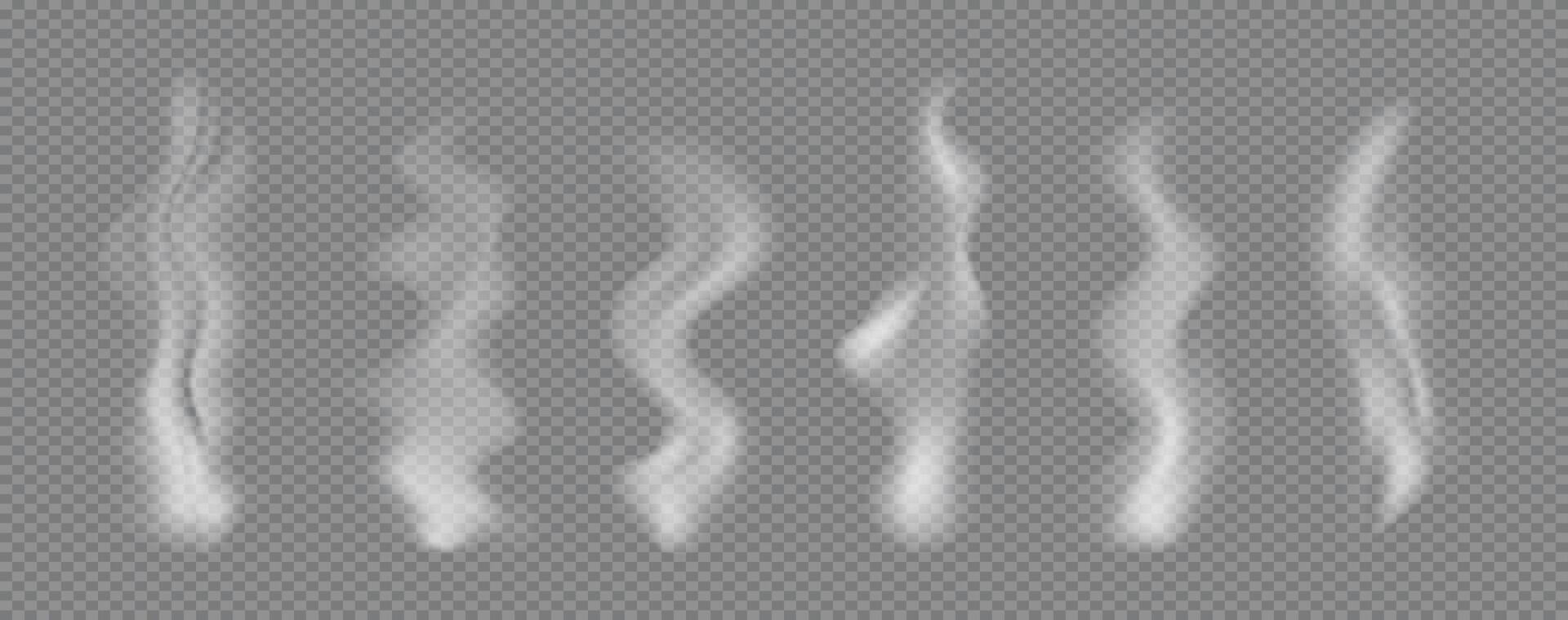 Hot Realistic Steam or Smoke set. Fog or wavy Cloud effect from cigarettes or hookah. 3D white Mist overlay. Smoky design pack. vector