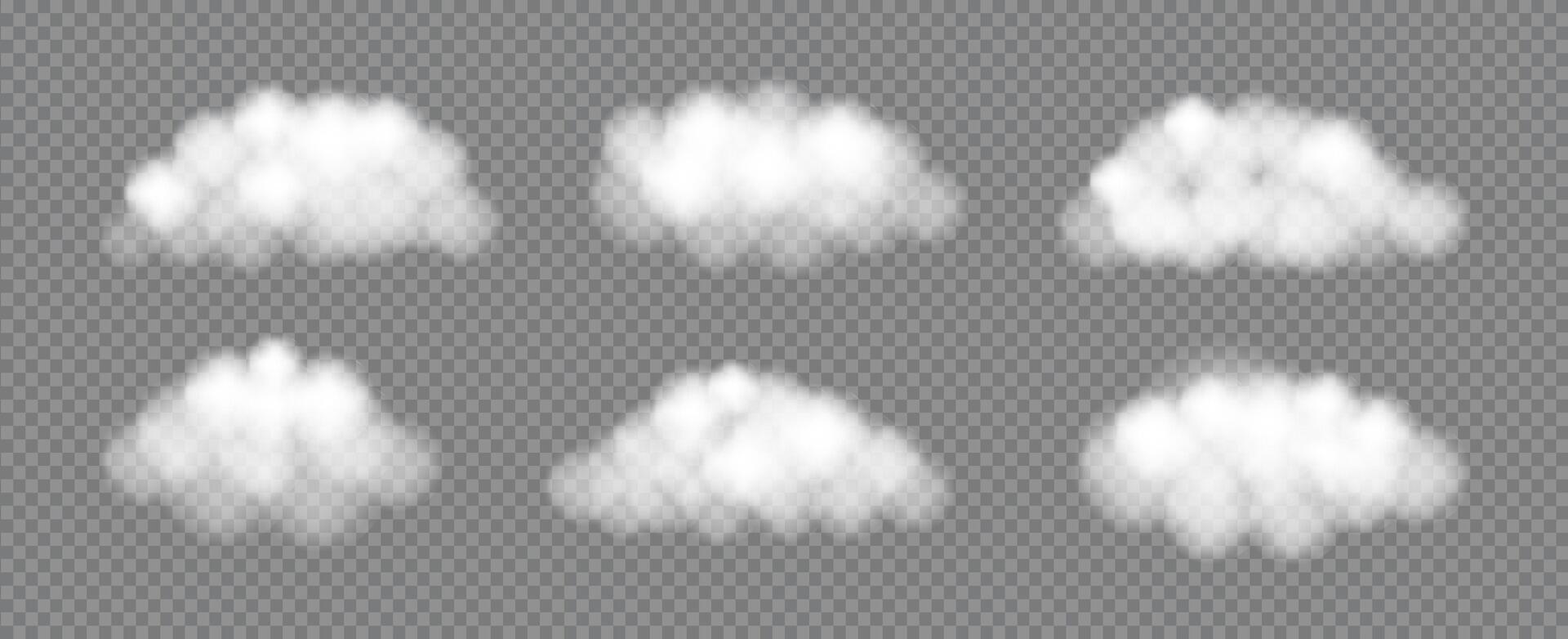 Realistic 3d fluffy Clouds set. White sky element for cloudy weather. Overlay soft product backing or element for banners, posters, discounts. Smoky effect background. vector