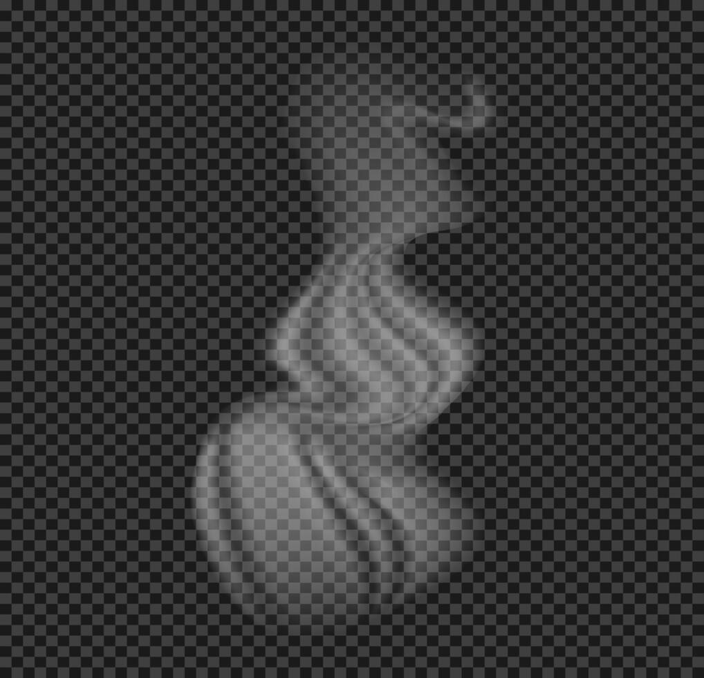 Wavy realistic Steam set. White grey Hot smoke elements flowing on dark background. Mystical effect abstract shape. Cigarette, hot food, drink, coffee vapor. vector
