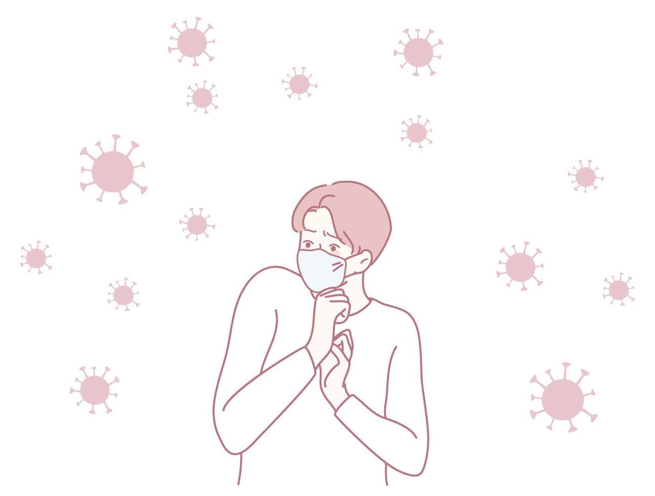 Individual Donning a Protective Mask Surrounded by Illustrations of Viruses and Pathogens vector