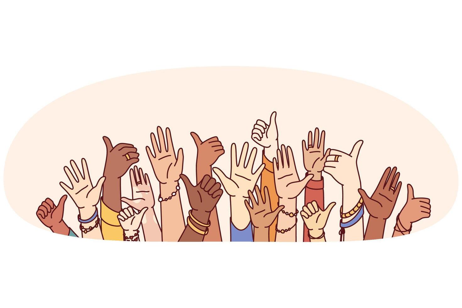 Hands diverse people showing thumbs up or greeting gestures symbolize unity and harmony vector