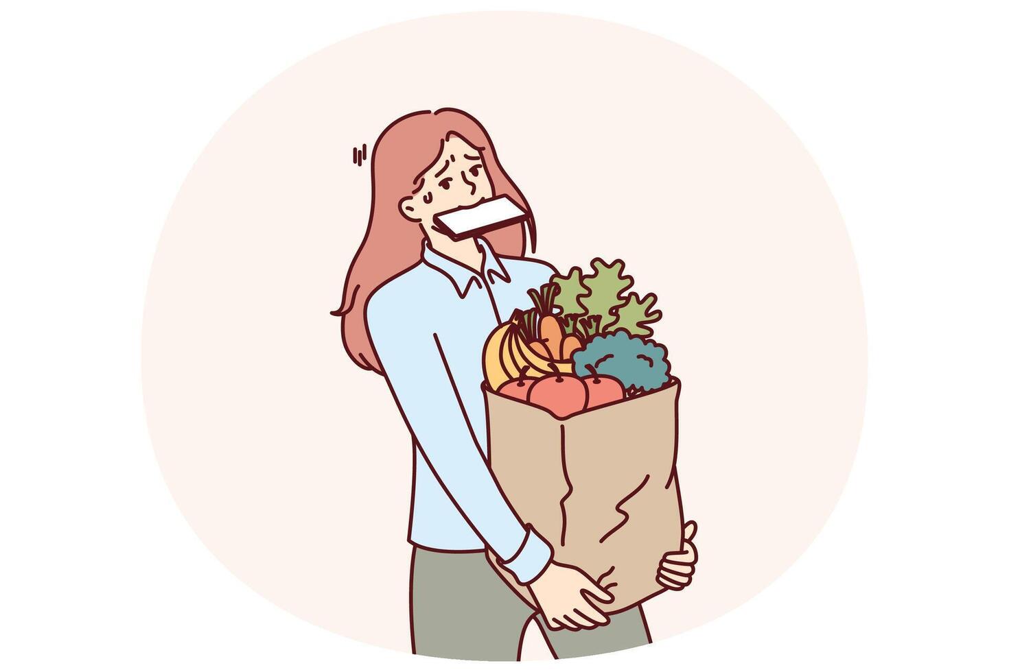 Woman carries shopping bag and holds phone in mouth after returning from market with organic vector