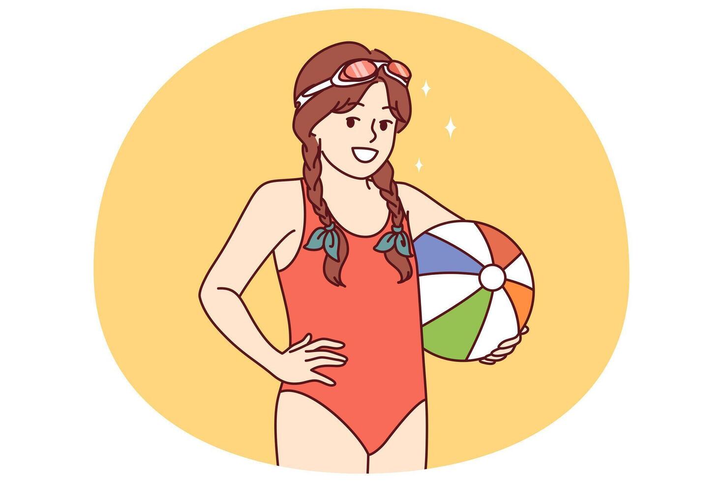 Little girl with water volleyball ball is dressed in bathing suit for visiting pool vector